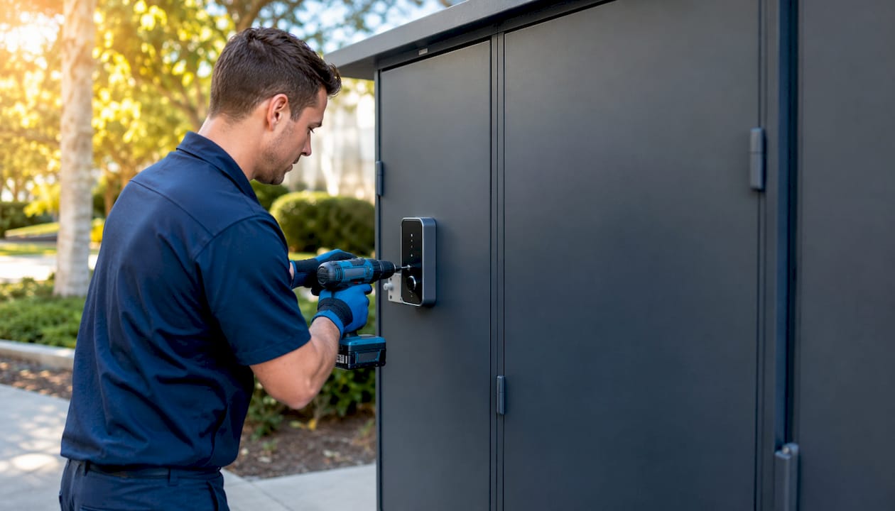 Hands installing smart lock on outdoor locker