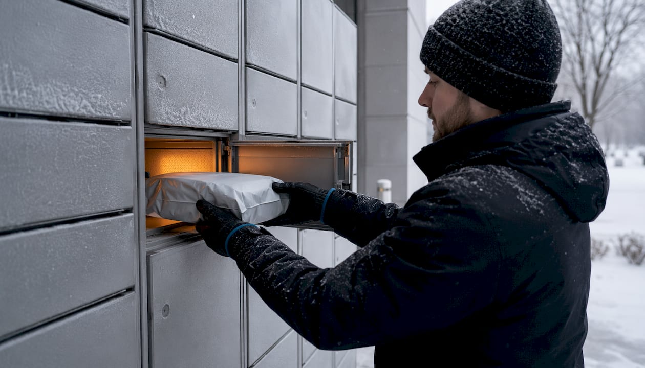 Hands placing parcel in insulated outdoor locker