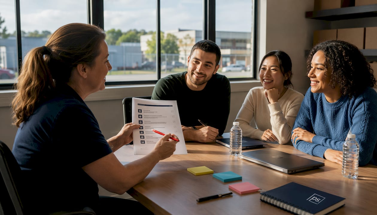Trainer guiding new staff on package room SOP