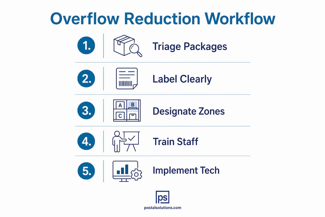 Infographic outlining package overflow reduction workflow steps