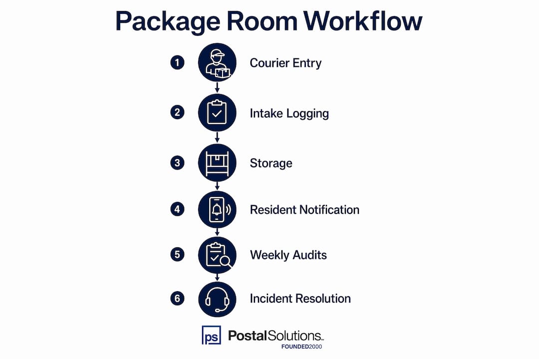 Infographic illustrating package room workflow steps
