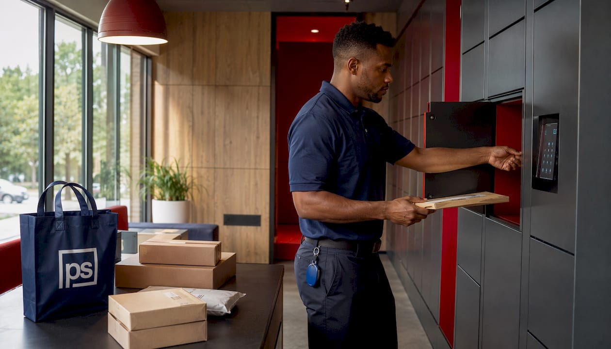 Technician inspecting secure package lockers