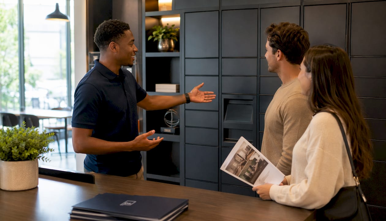 Leasing agent explaining package management to residents