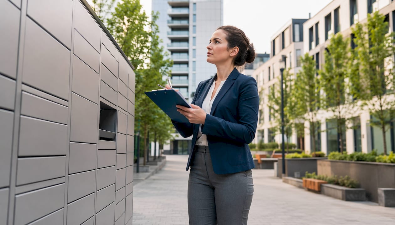 Property manager inspecting newly installed lockers in garage