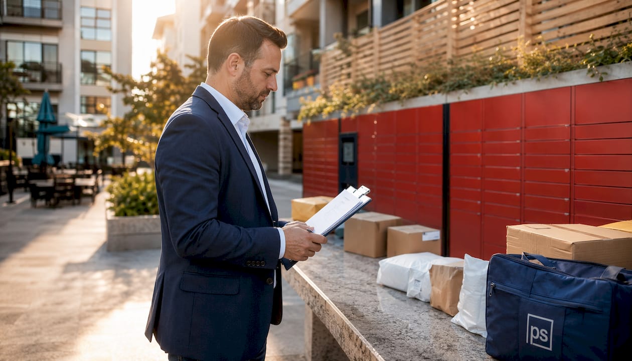 Property manager handling packages in mailroom