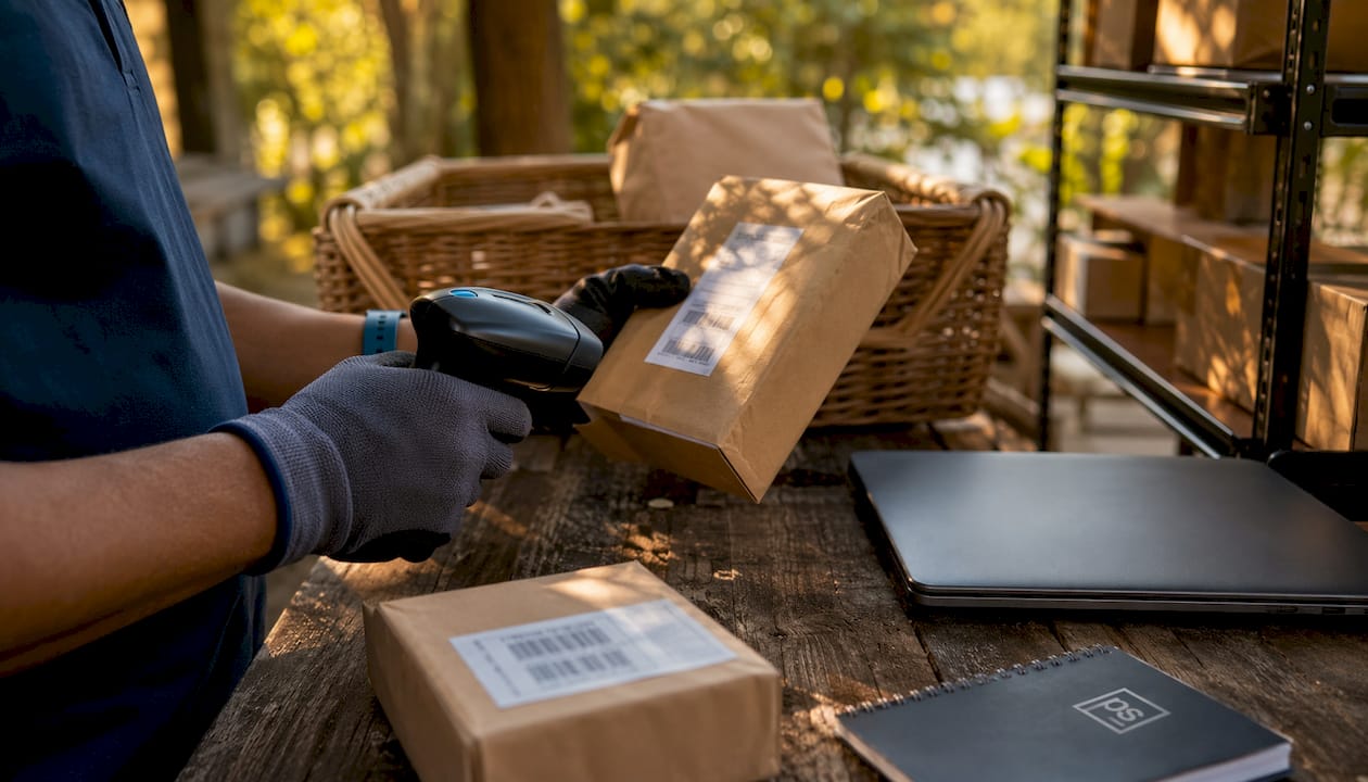 Hands scanning parcels in sorting area