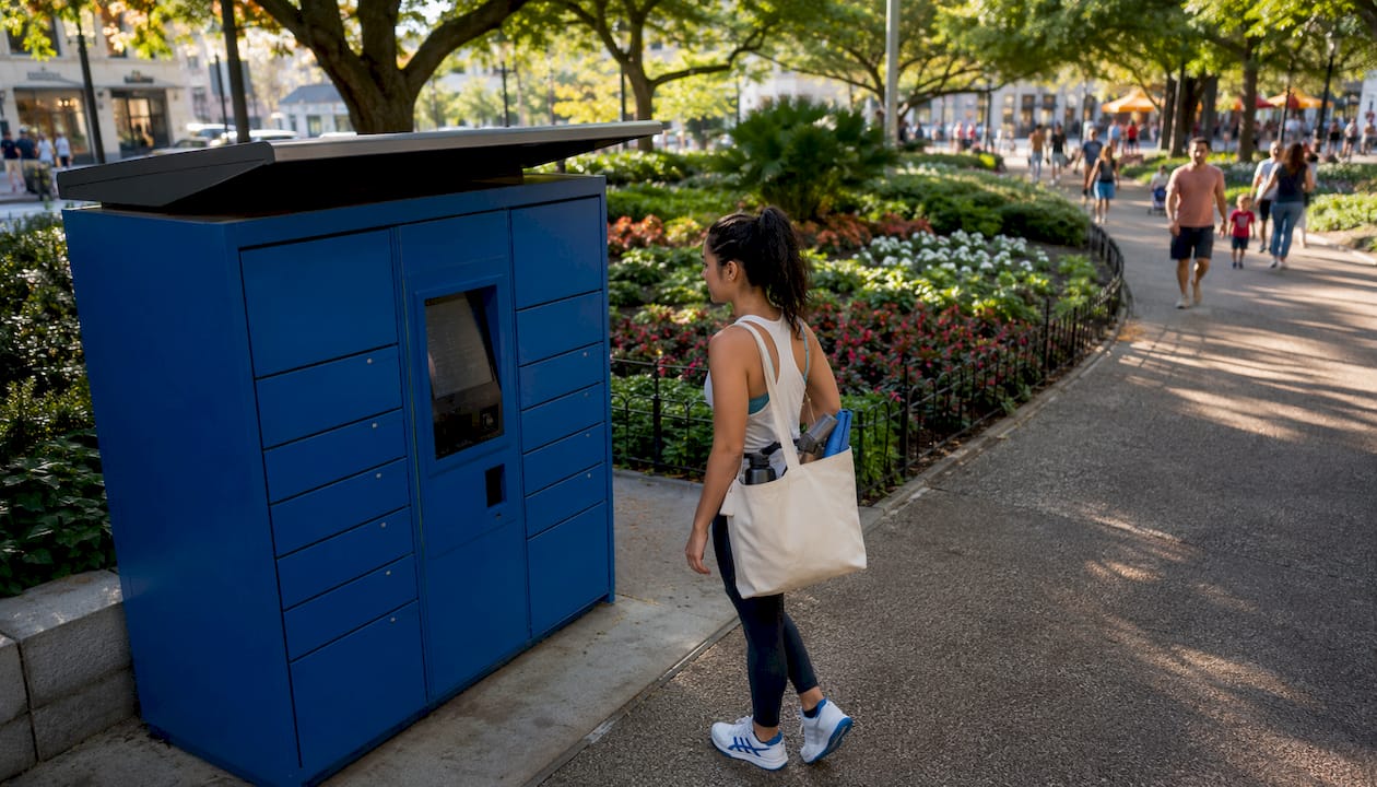 Resident approaching outdoor parcel locker kiosk