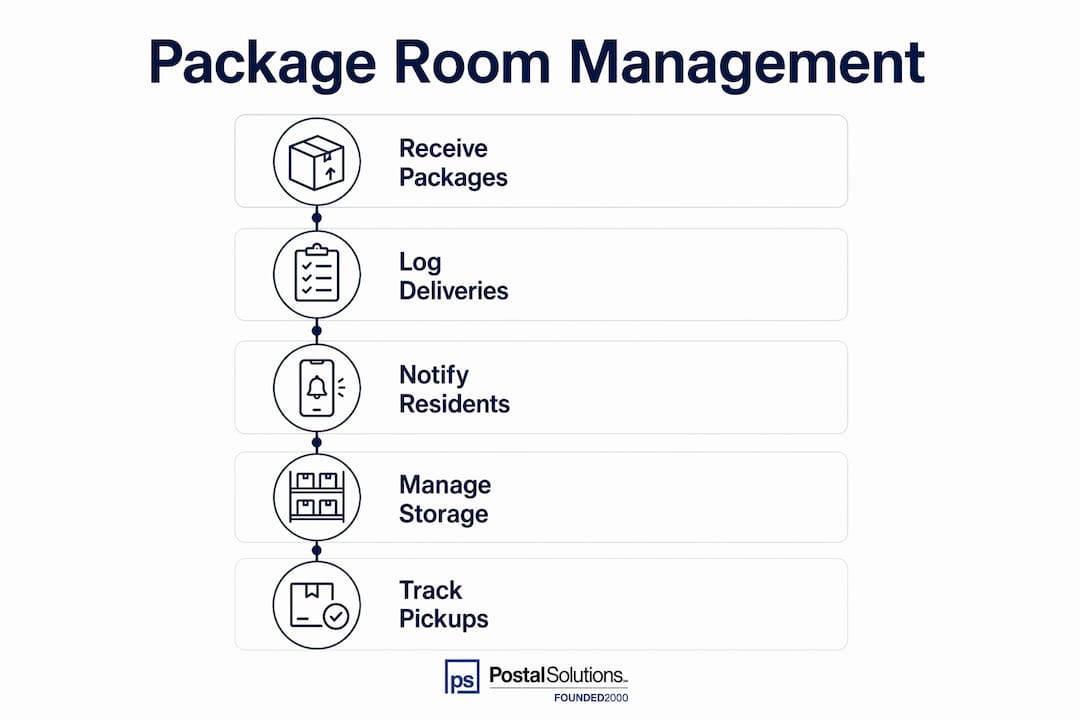 Infographic outlining package room management process steps