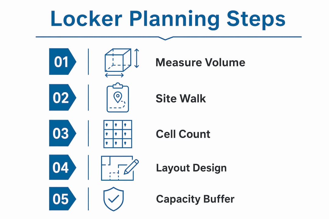 Infographic showing the five steps for compact locker design planning