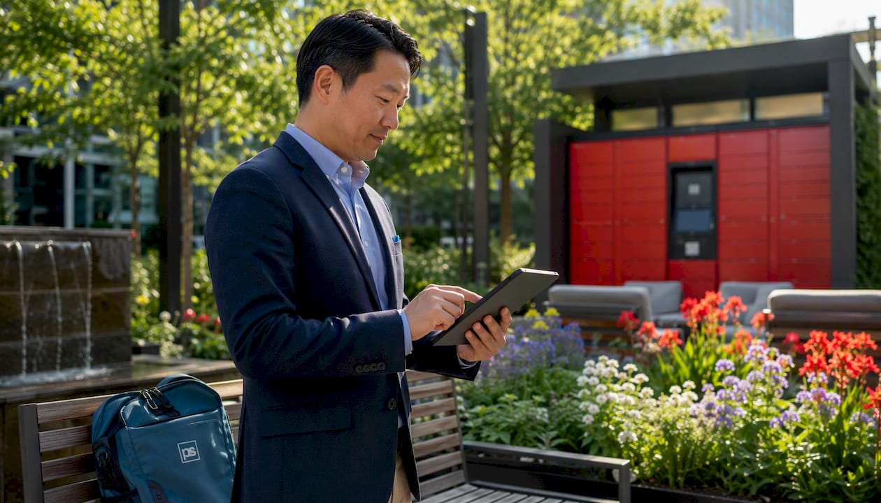 Property manager reviewing package system in apartment lobby