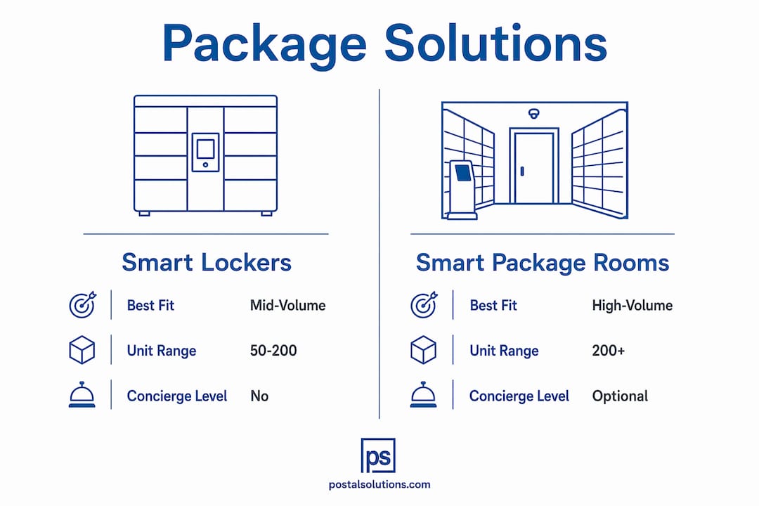Infographic comparing smart lockers and smart package rooms