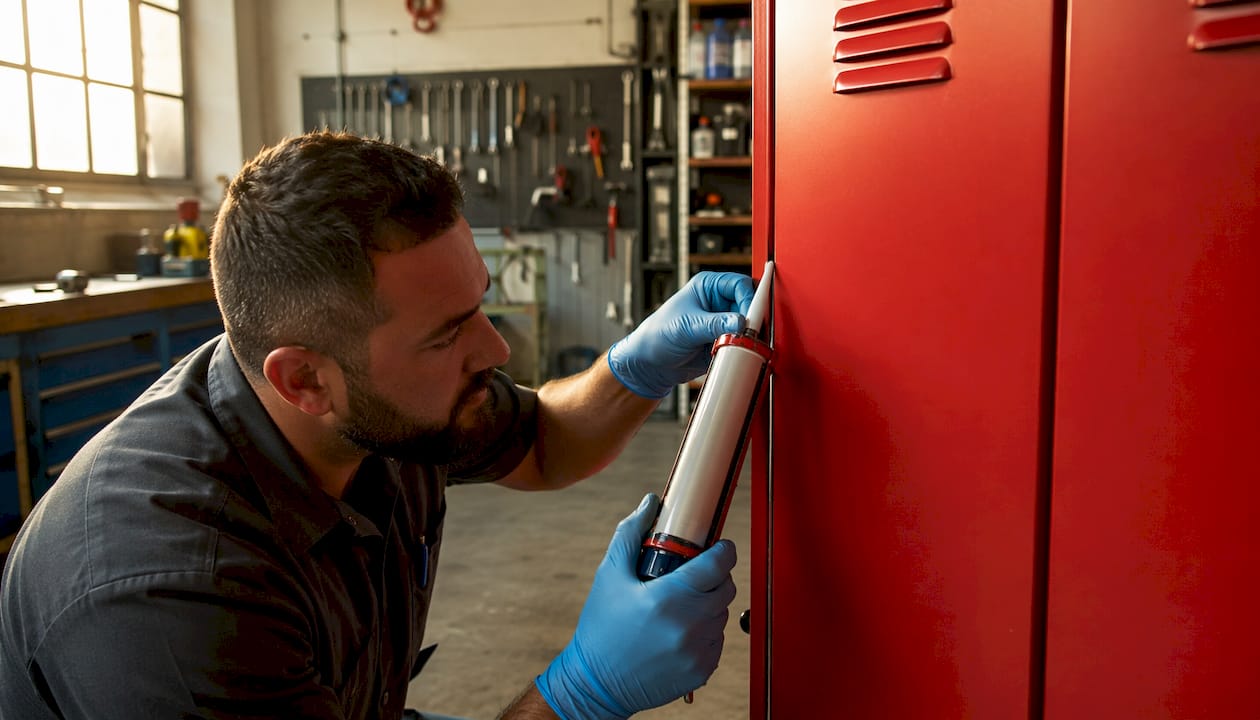 Hands installing stainless steel locker hinges