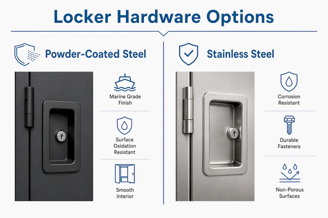 Infographic comparing locker hardware materials for humidity