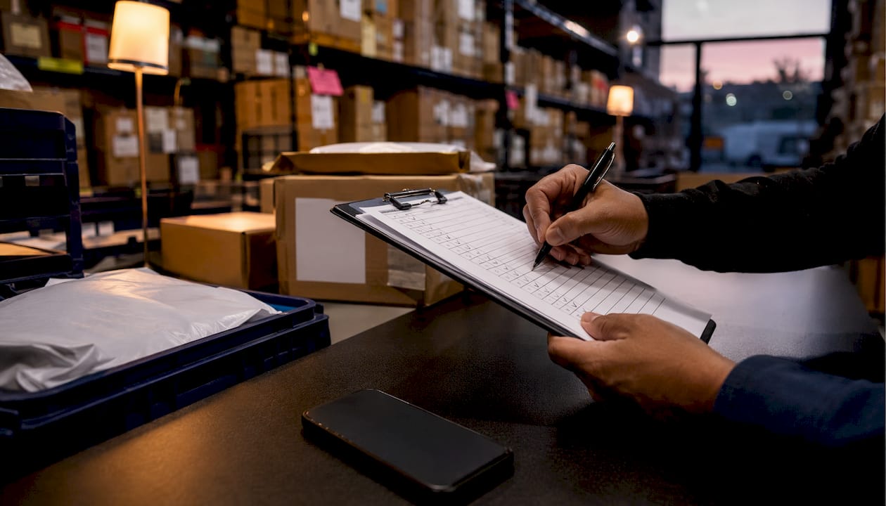 Hands marking package intake checklist during surge