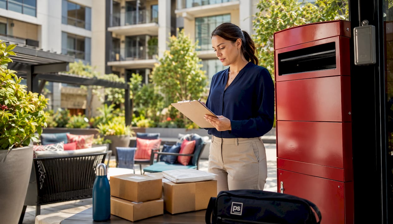 Property manager reviewing package intake in apartment package room