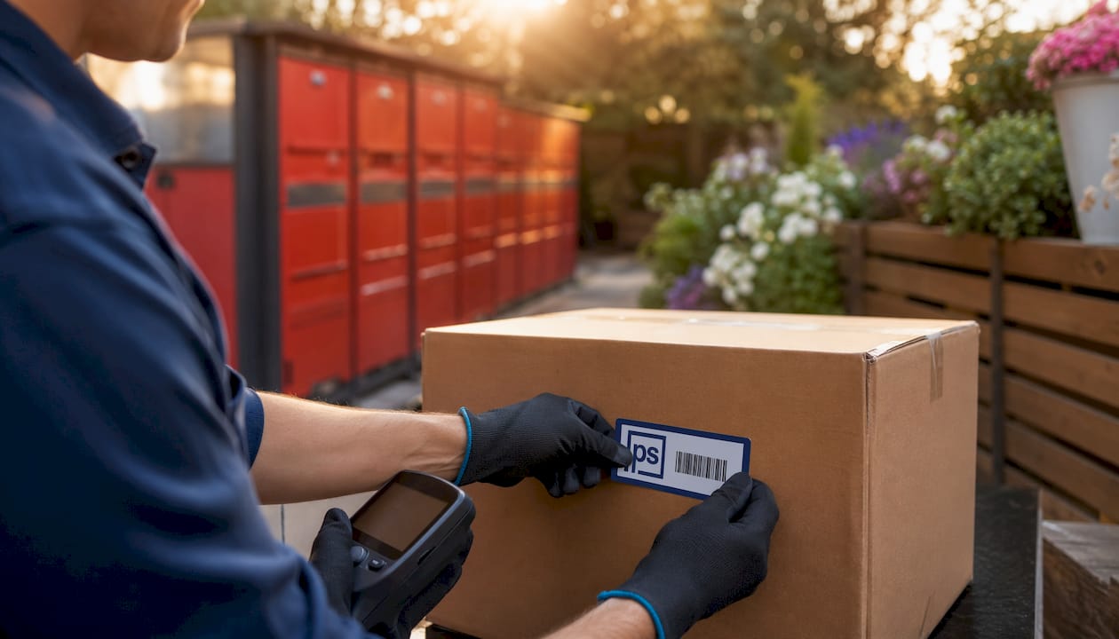 Hands labeling apartment package with unit sticker