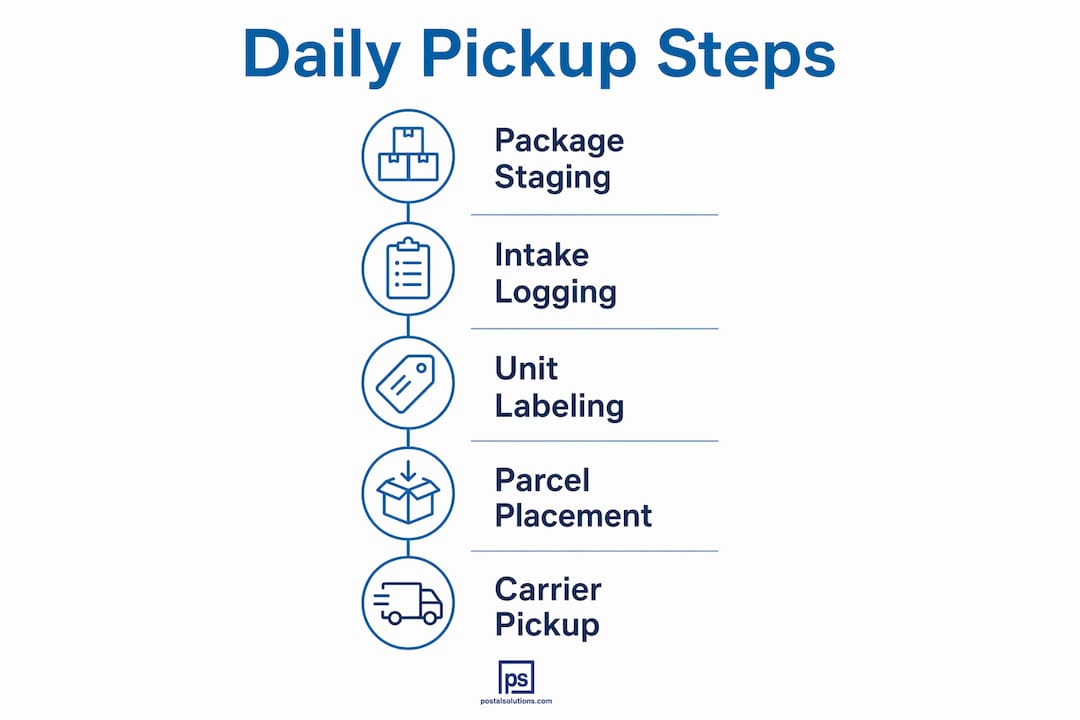 Infographic illustrating daily package pickup steps