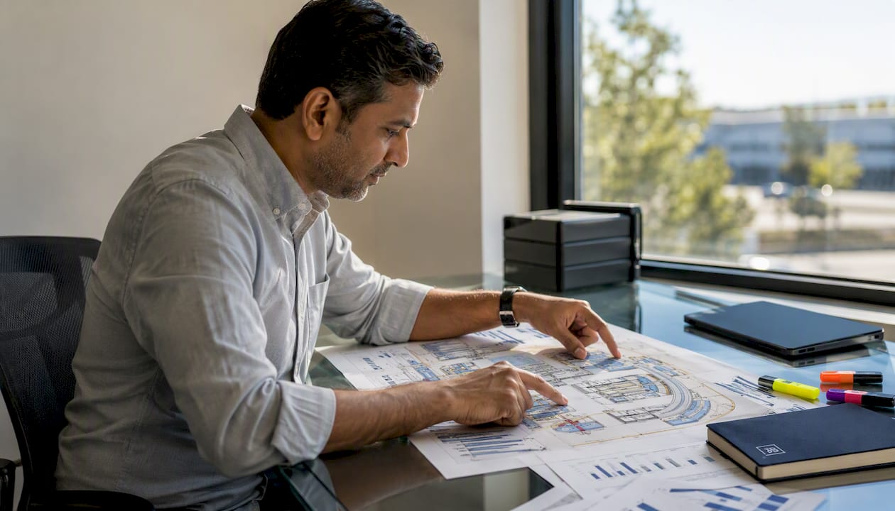 Overhead view of logistics manager reviewing package sorting map