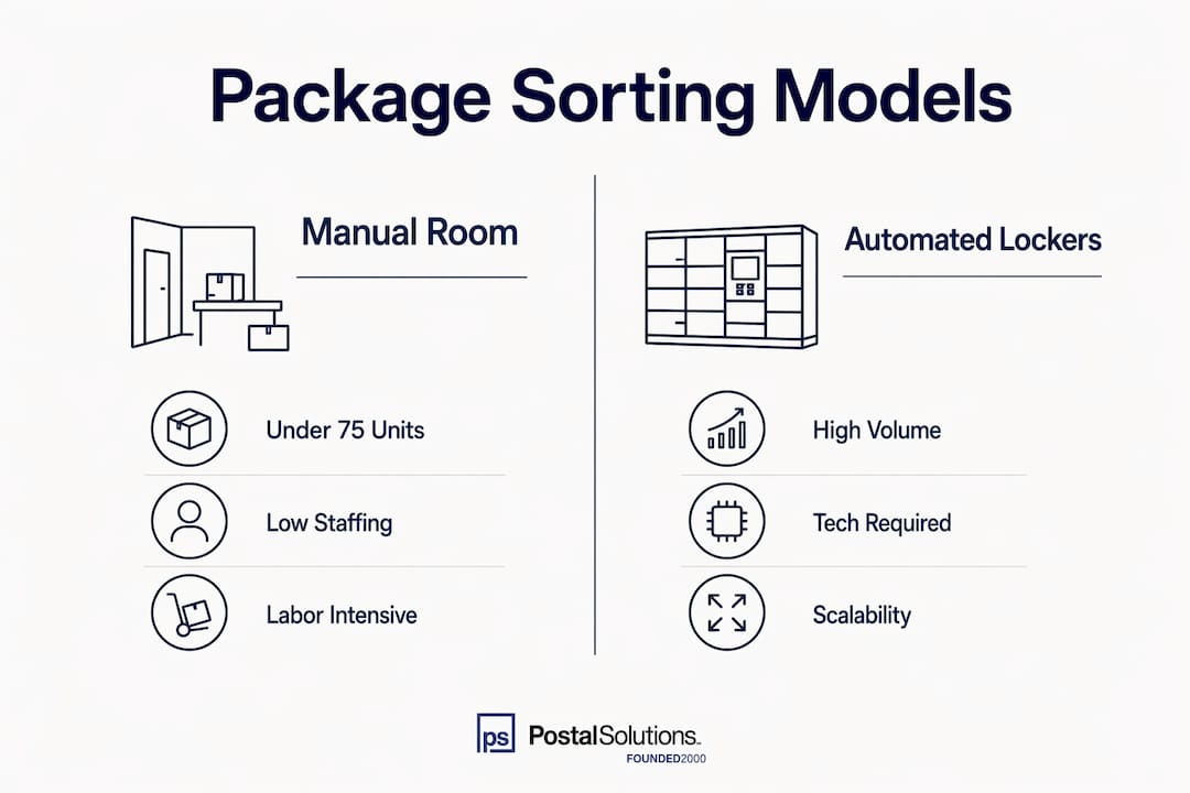Infographic comparing manual package rooms and automated lockers