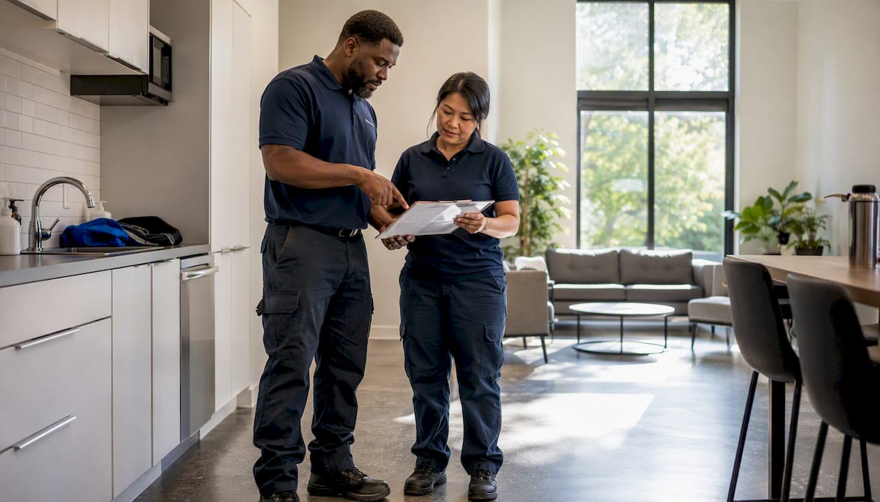 Maintenance workers reviewing end-of-shift checklist