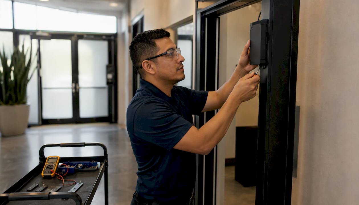 Technician installing RFID reader portal frame