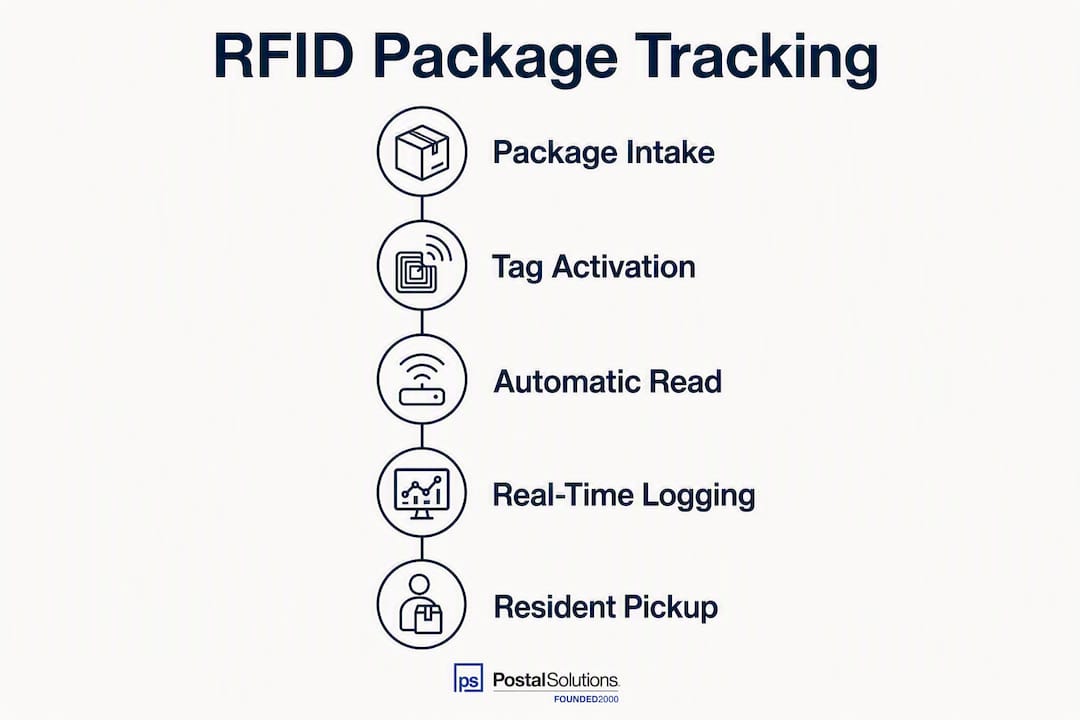 Infographic showing RFID package tracking process steps