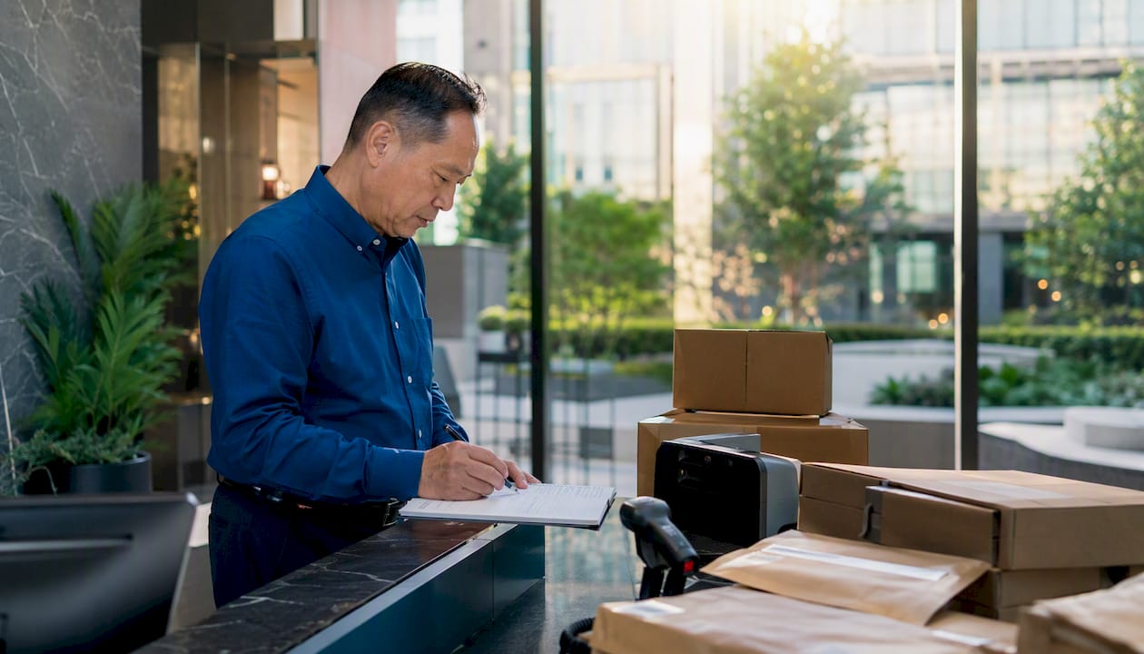 Hands scanning packages in apartment lobby
