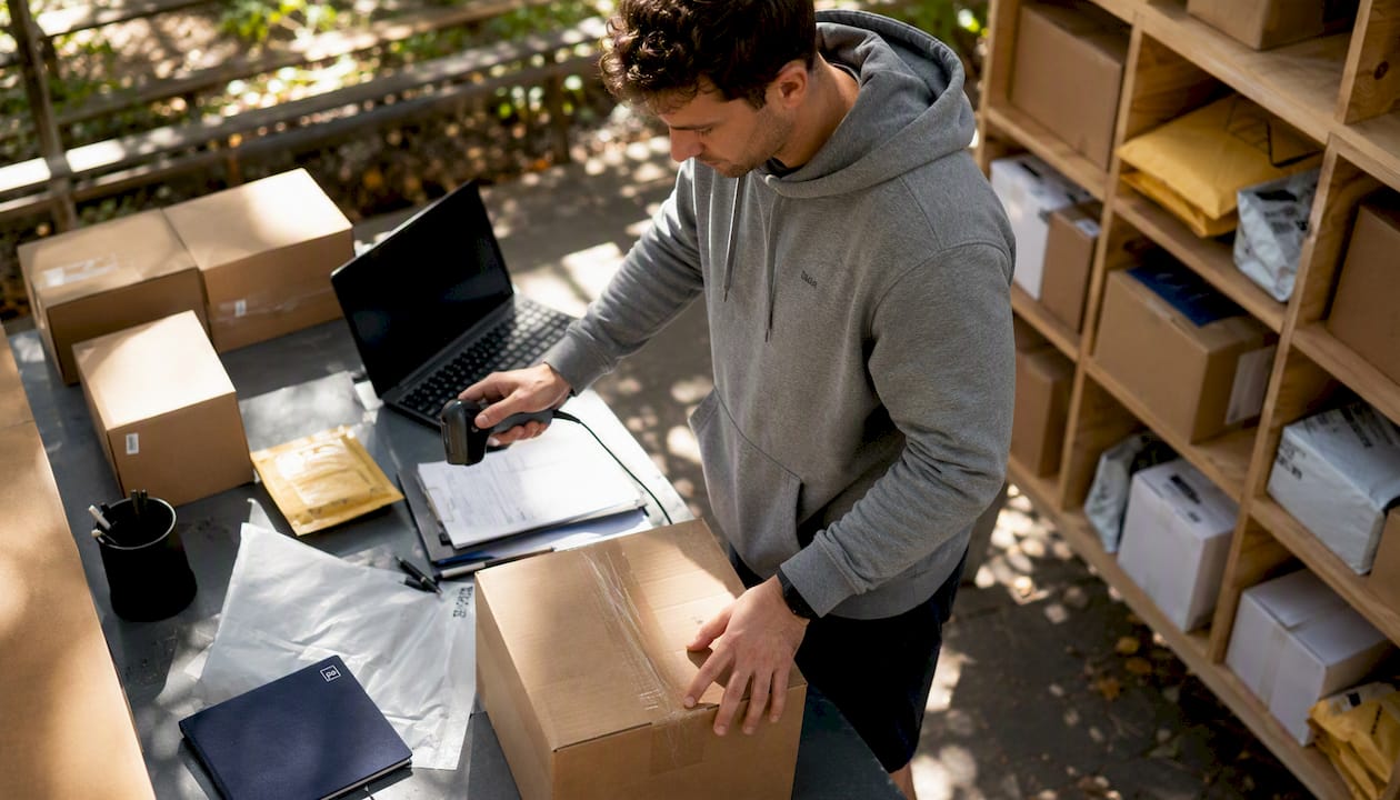Student organizing packages in university mailroom