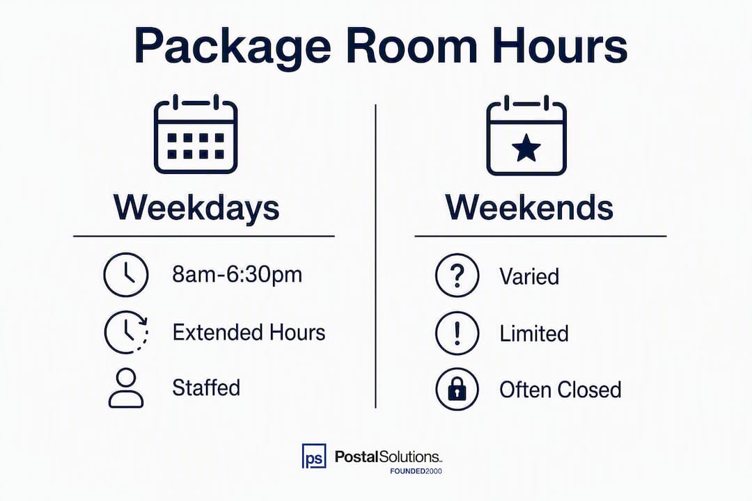 Infographic comparing weekday and weekend package room hours