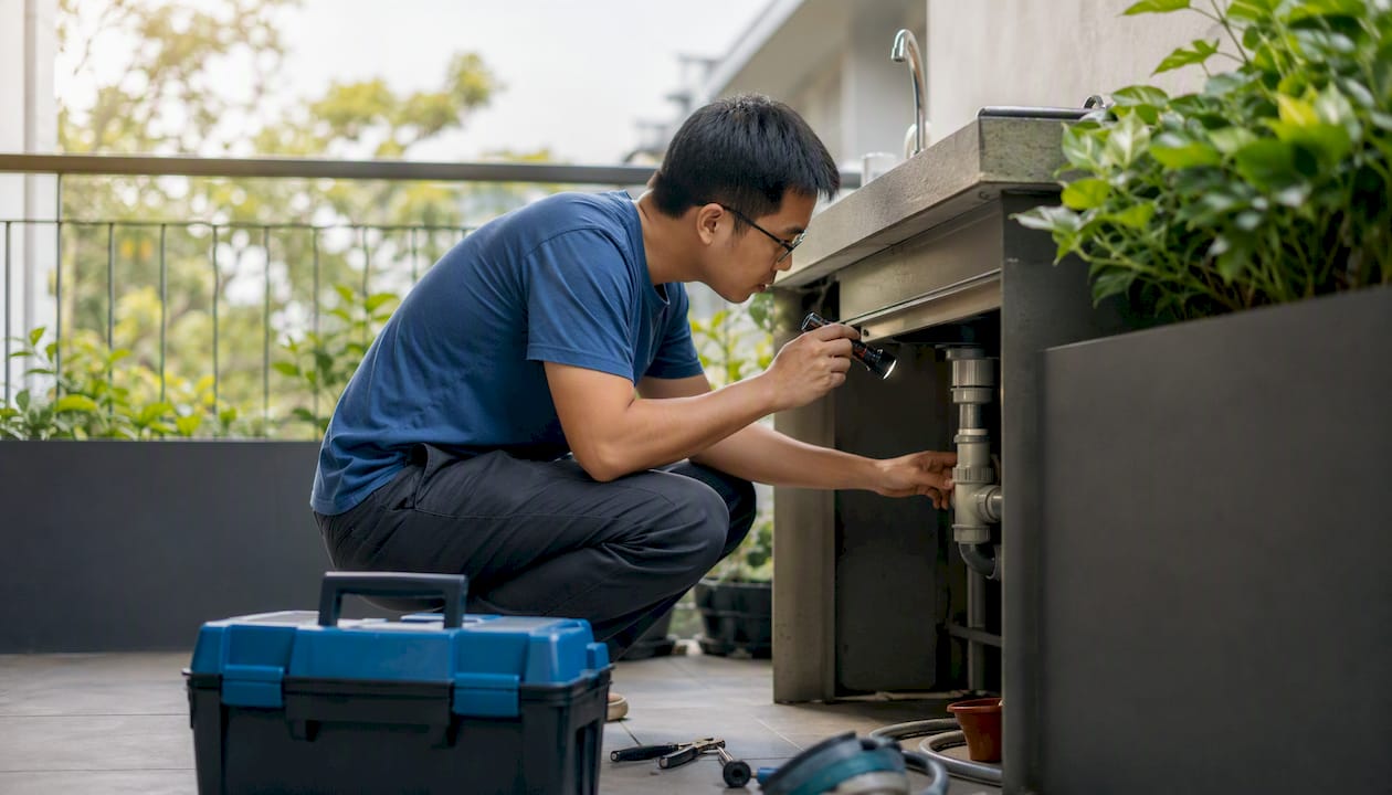 Man inspecting kitchen plumbing in apartment