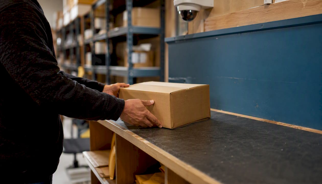 Hands placing package in monitored intake shelf