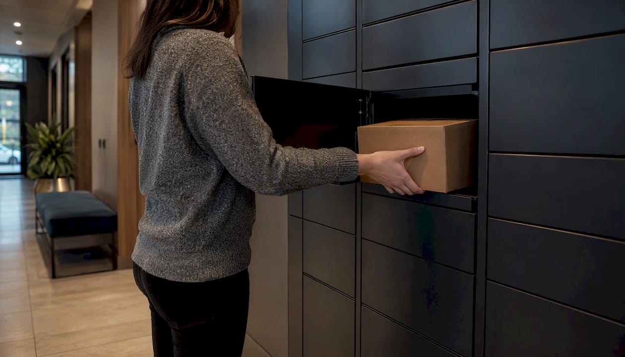 Hand placing package into smart locker compartment