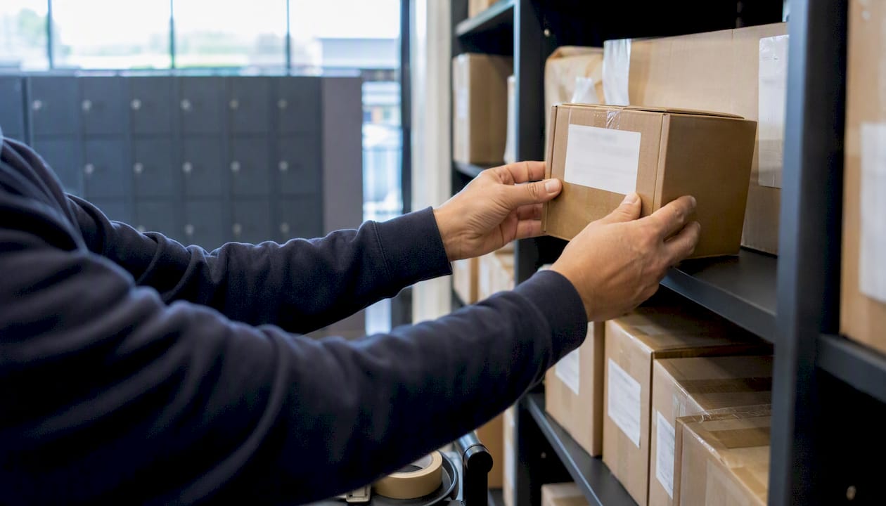 Hands placing labeled package on shelf in package room