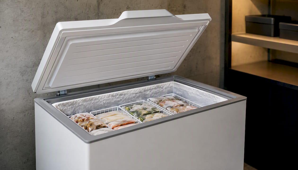 Chest-style top-loading freezer locker open