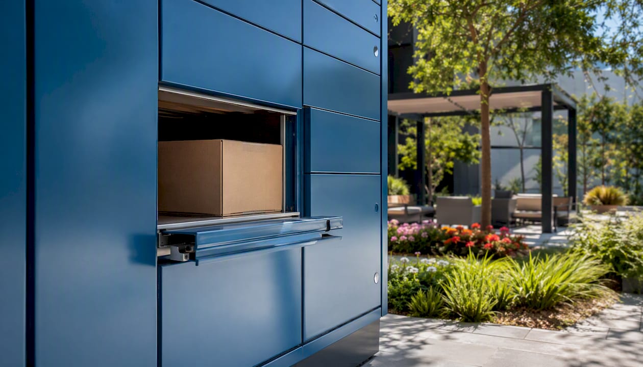 Open package locker revealing parcel inside