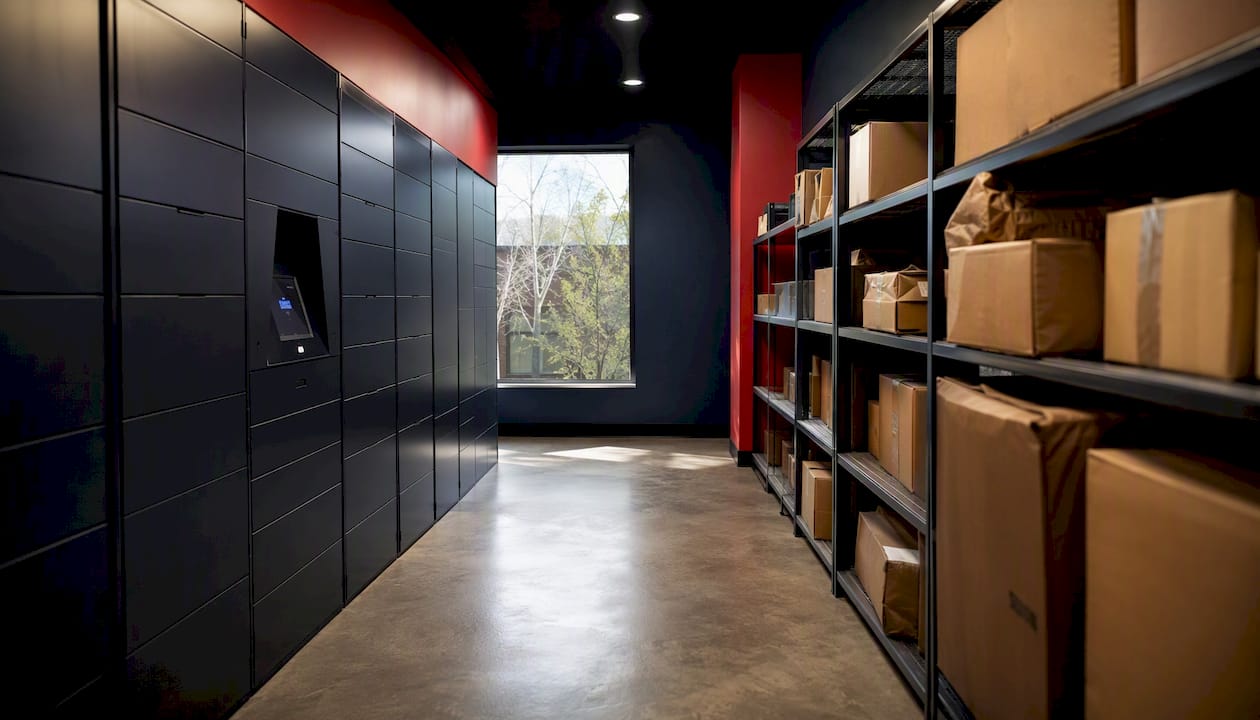 Hybrid package locker and shelving room