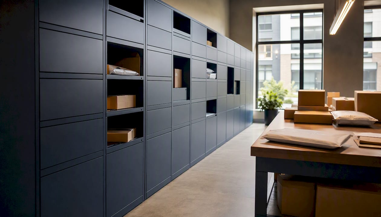 Package room with lockers and parcels