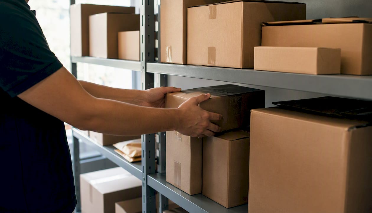 Hands organizing parcels on shelves
