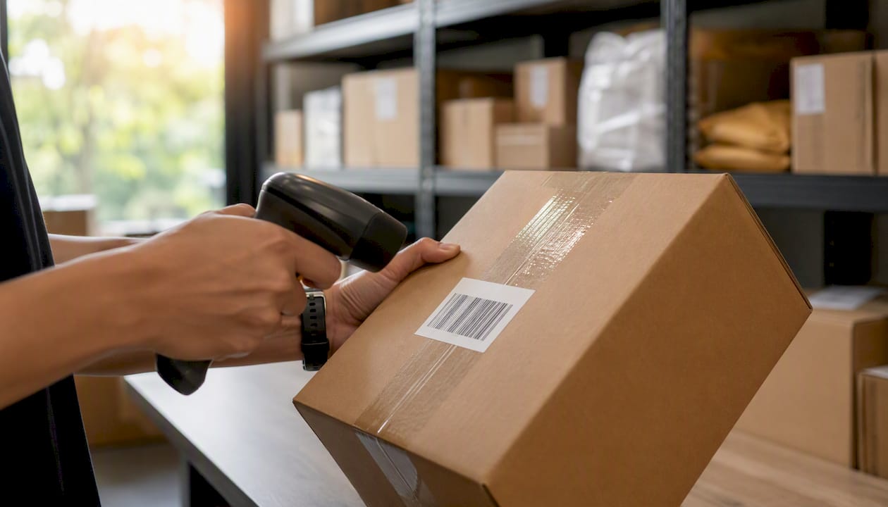 Hands scanning barcode on package