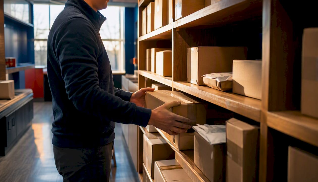 Hands organizing parcels in package room
