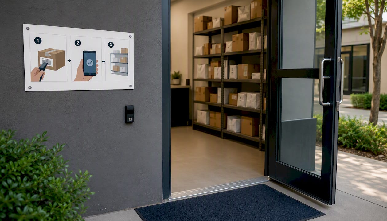 Package room delivery entrance with pictorial SOP sign