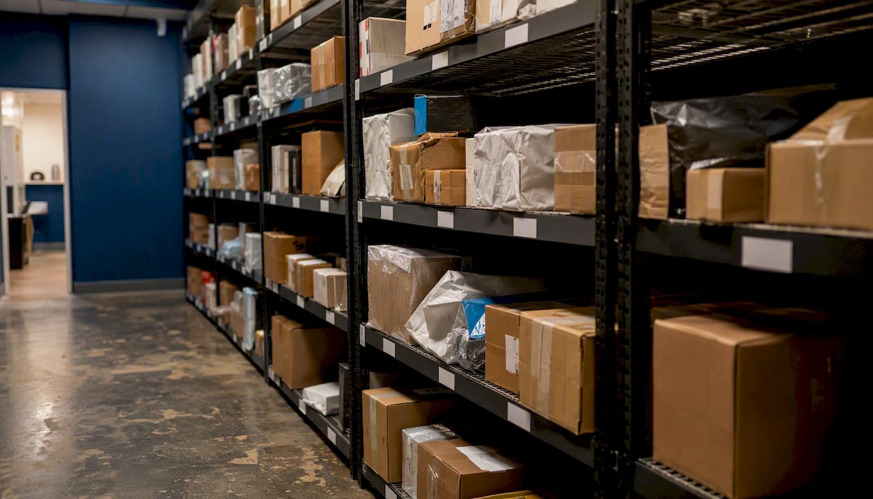Temporary overflow package shelves with labels