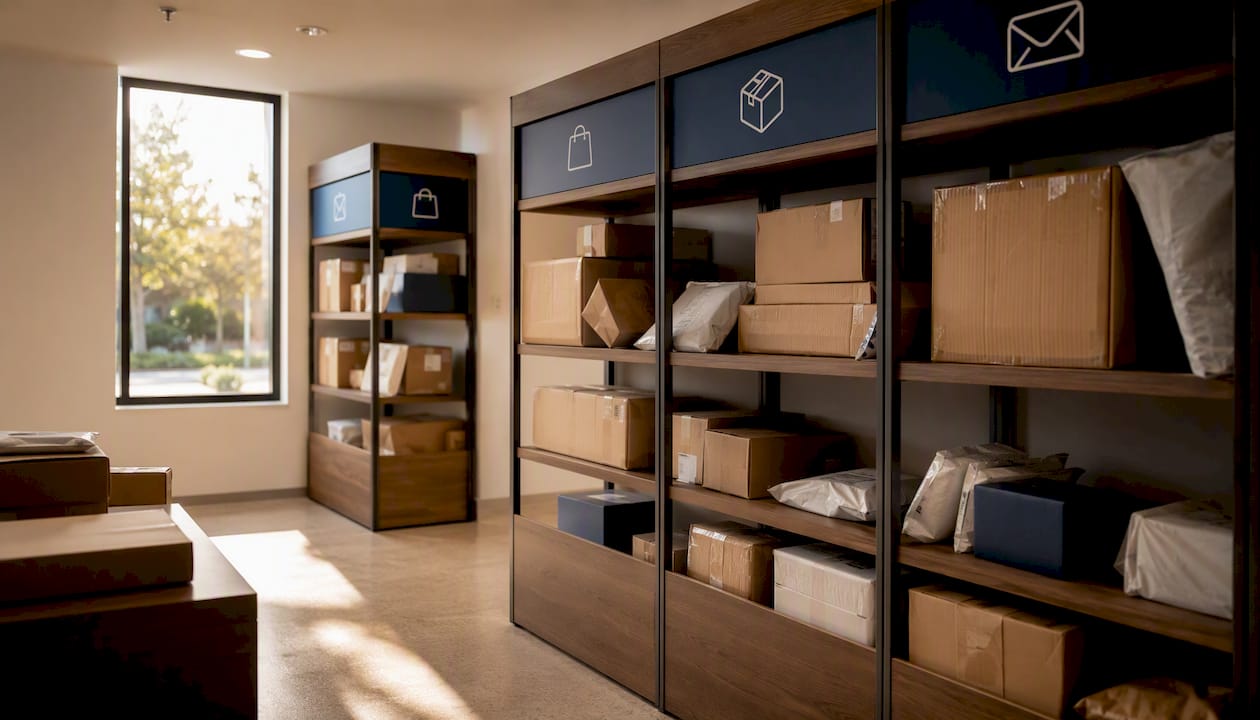 Organized open-shelving package room with security camera