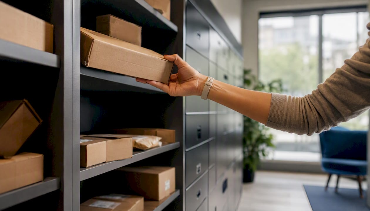 Package management room with lockers and shelves