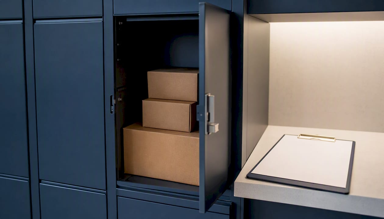 Package locker open with blank lease addendum on clipboard
