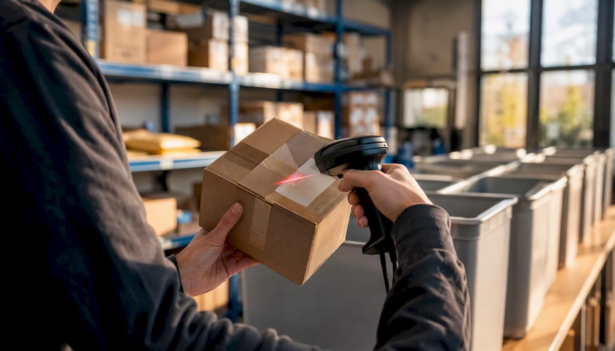 Hands scanning package in organized package room