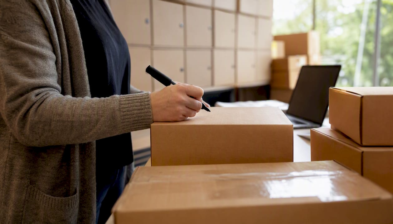 Hands marking unit numbers on parcels