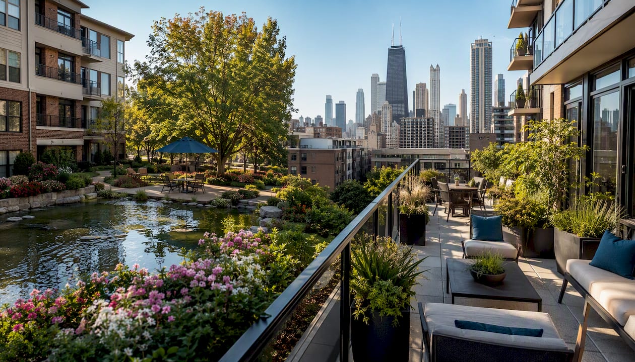 Urban rooftop and suburban courtyard amenities