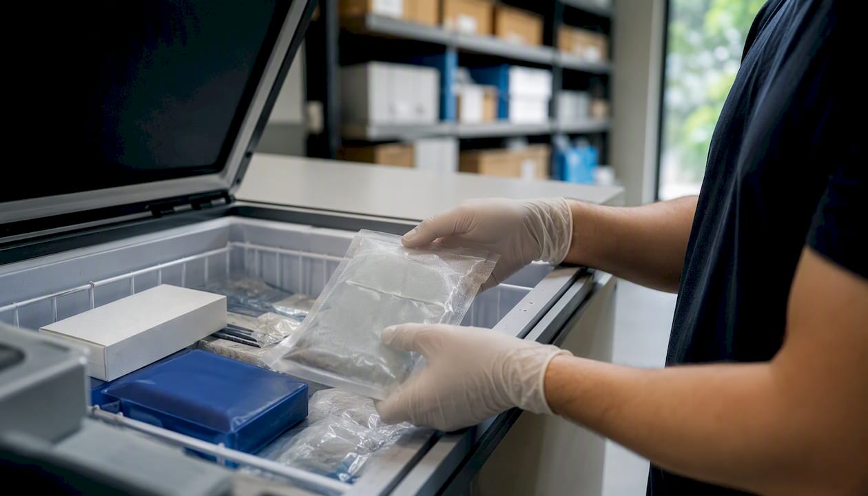 Hands placing perishable package in refrigerated bin