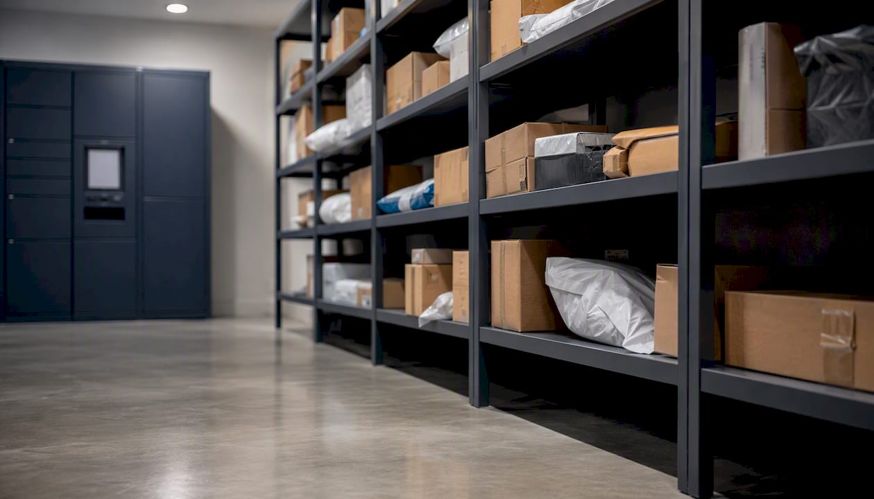 Organized multifamily package room with lockers and shelves